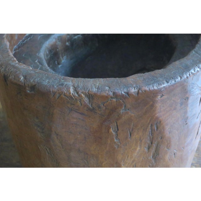 Wood Antique Hand-Carved Mortar Coffee Table with Circular Glass Top For Sale - Image 7 of 14