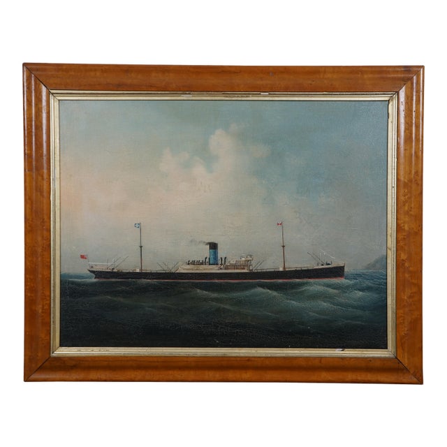 Early 20th Century Antique Maritime British Steam Ship Seascape Oil Painting Birdseye Maple 27", Framed For Sale