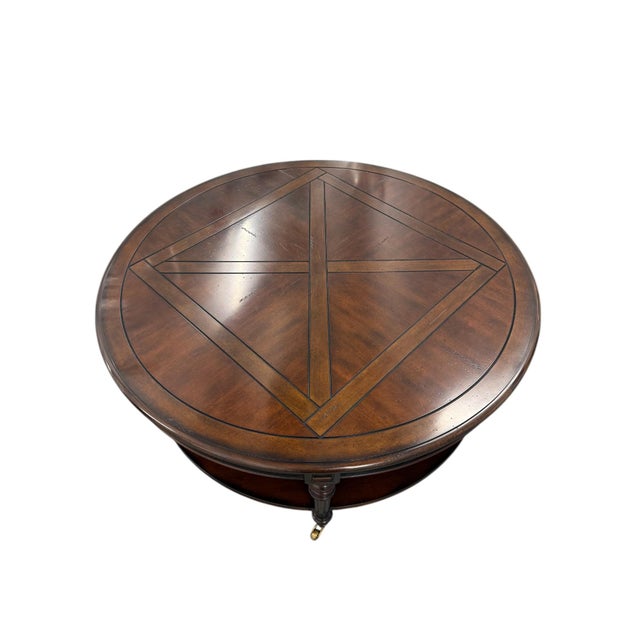 Wood Round Inlaid Wood Two-Tier Coffee Table on Brass Casters For Sale - Image 7 of 9
