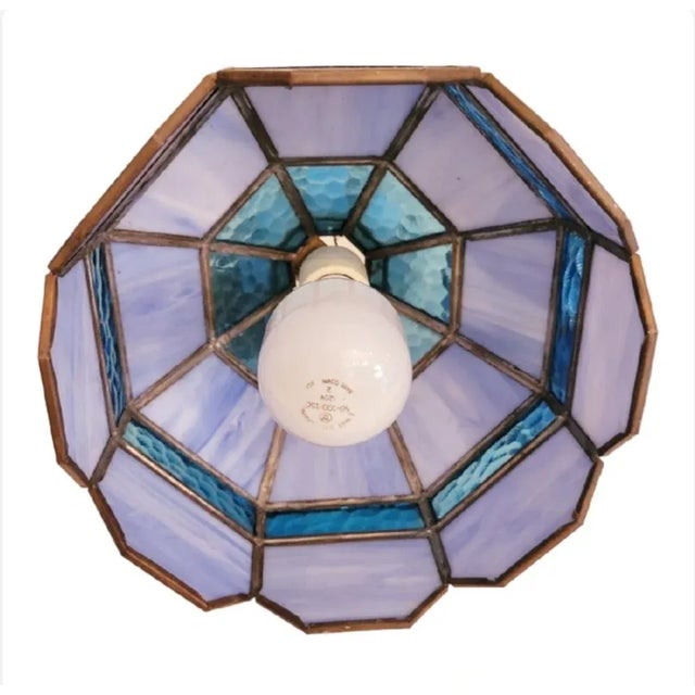 Vintage Pale Dark Blue Tiffany Style Stained Glass Small Ceiling Chandelier Light Fixtures- a Pair For Sale In West Palm - Image 6 of 7