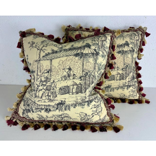 Schumacher Chinoiserie Cotton Toile Pillows / a Pair. For Sale - Image 11 of 11