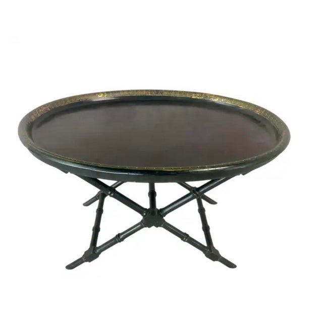 Antique Paper Mache Tray Table with Faux Bamboo Base. Table features a removable oval tray, hand-finished in deep black...