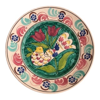 Vintage Hand-Painted Mediterranean Style Terracotta Ceramic Wall Hanging Plate - Bird & Tulip Motif For Sale