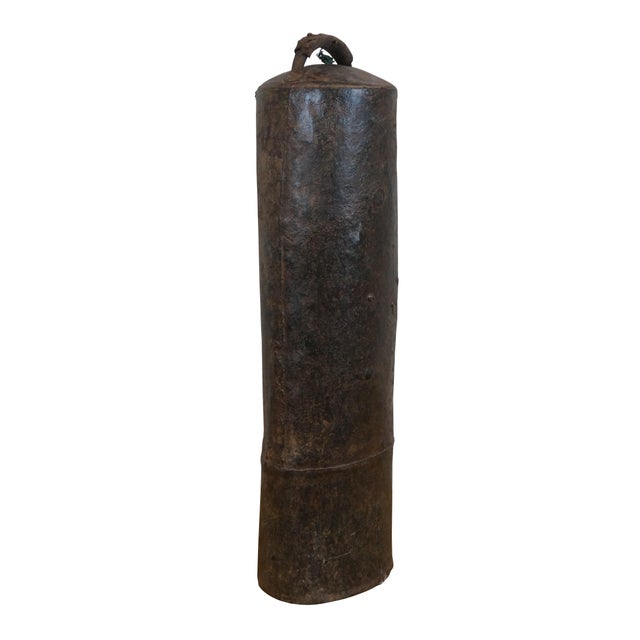 Antique iron camel / cow / horse / livestock bell (loutuo lingdang) - long, narrow, cylindrical form with a leather-...