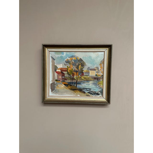 Original swedish oil on canvas – “riverside village” by b. Lundqvist – signed – vintage & framed – 57 × 49 cm (22.4" ×...