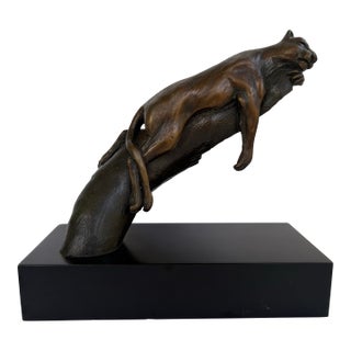 Vintage Bronze Finish Reclining Panther Sculpture on Modernist Base For Sale