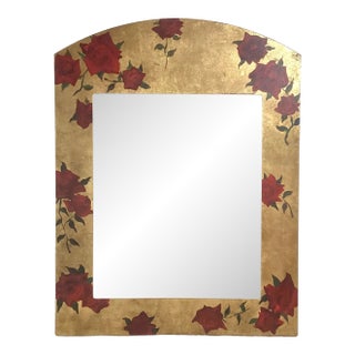 1960s Wonderful Decorative Beveled Glass Mirror in Gold Frame With Red Roses For Sale