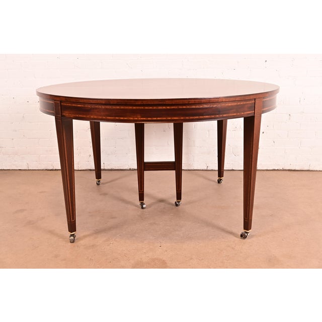 Baker Furniture Style Federal Inlaid Mahogany Extension Dining Table With Six Leaves, Newly Refinished For Sale - Image 15 of 16