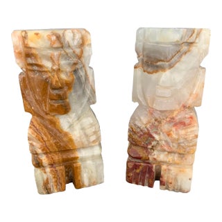 Mid-Century Boho Carved Onyx Stone Bookends For Sale