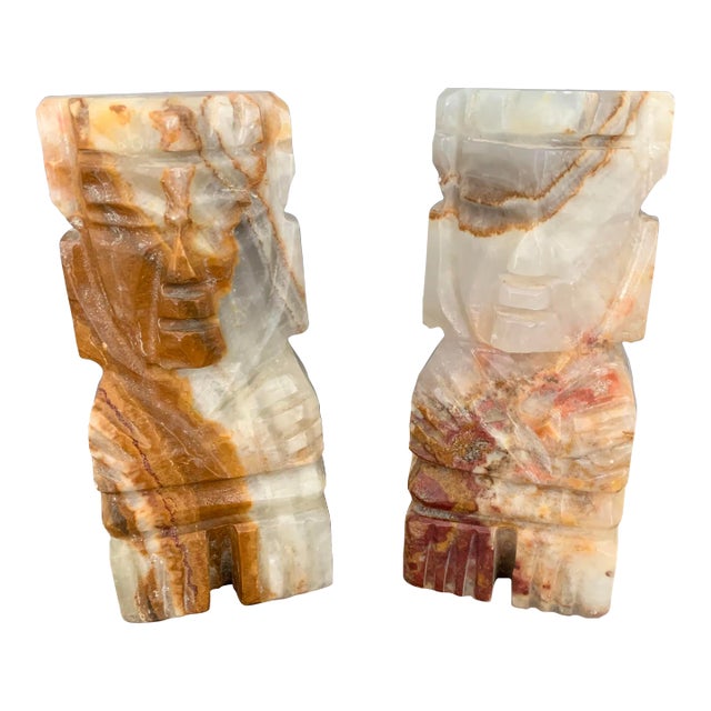 Mid-Century Boho Carved Onyx Stone Bookends For Sale