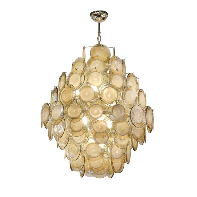 Modernist 10-Tier Handblown Topaz Murano Glass Disc Chandelier W/ Brass Fittings For Sale - Image 4 of 17