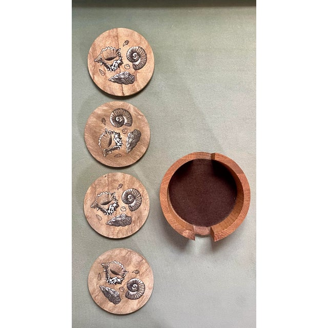 Late 20th Century Seashell Sandstone Coasters & Wooden Caddy- 5 Pieces For Sale In Jacksonville, FL - Image 6 of 9