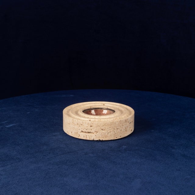 Postmodern Italian Round Travertine and Copper-Toned Metal Ashtray, 1970 For Sale - Image 3 of 18