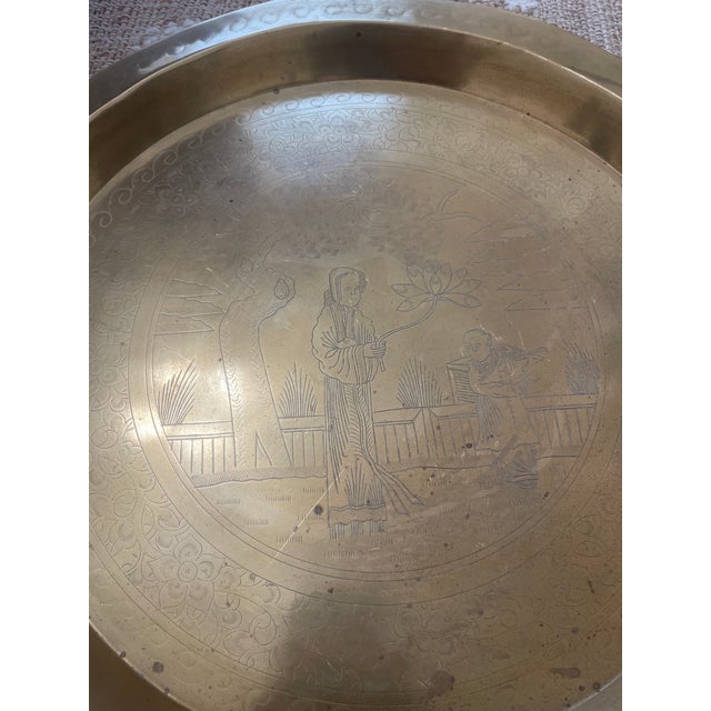 Vintage Chinese Etched Brass Tray 17” For Sale - Image 11 of 11