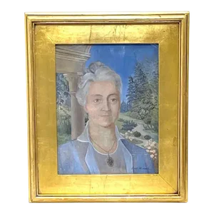 Mid 20th Century Modern Egg Tempera Portrait of a Lady in Landscape by Louis Wolchonok
