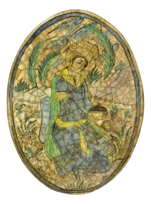 Antique Persian Iznik Qajar Style Ceramic Pottery Oval Tile Kneeling Woman C3