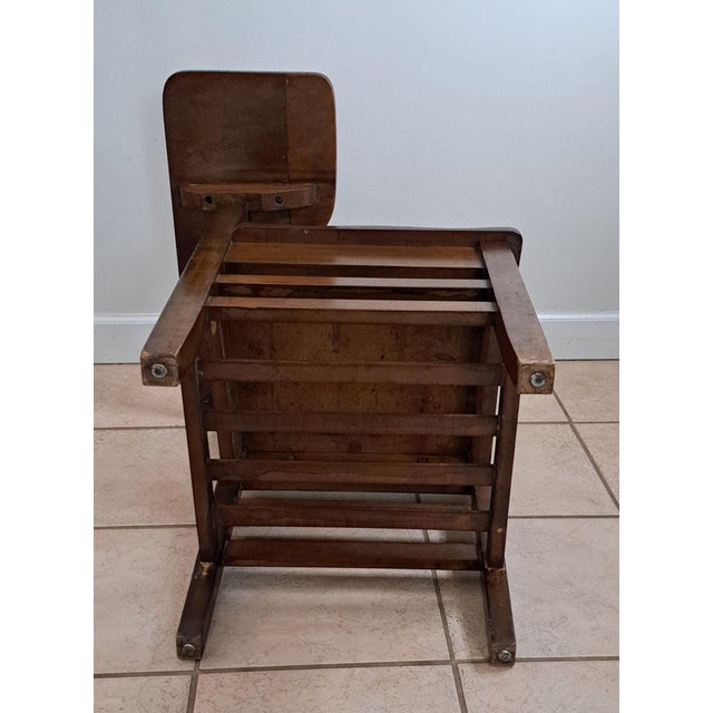 Brown 1930s Wooden School Desk Chair W/Attached Writing Arm & Book Shelf Ocean County For Sale - Image 8 of 12