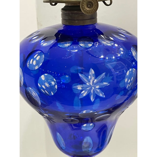 Late 19th Century Late 19th Century Cut to Clear Cobalt Blue Oil Lamps W/Brass & Marble Bases - a Pair For Sale - Image 5 of 12