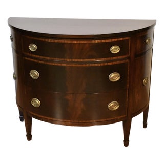 1920s Antique English Regency Flame Mahogany Banded Satinwood Half-Moon Demi-Lune For Sale