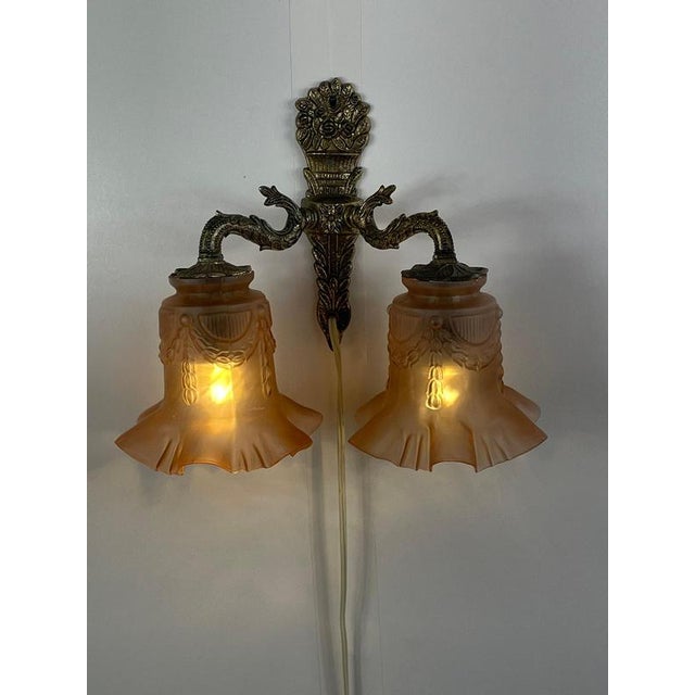 Antique Art Deco Wall-Mounted Lamp with Brass Base and Pink Satin Glass Shades For Sale - Image 9 of 11