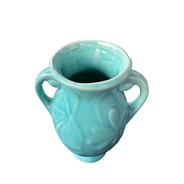 Vintage Mid-Century Turquoise Aqua Blue Floral Vase Shawnee Pottery For Sale - Image 4 of 10