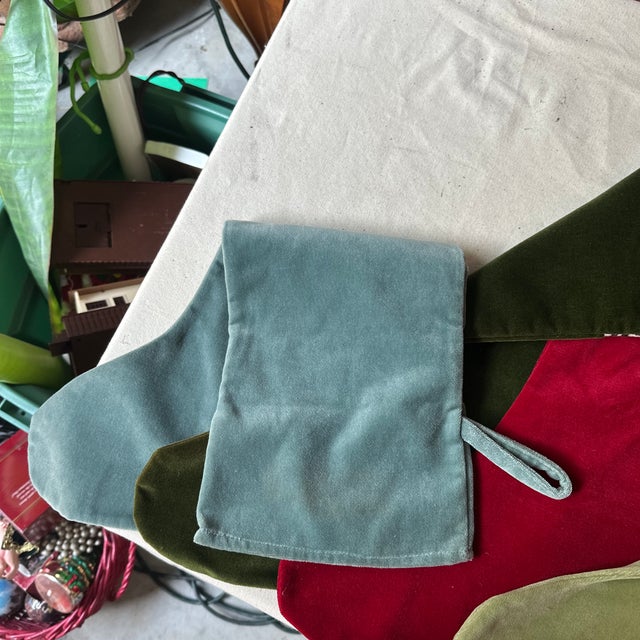 Green Collection of Velvet Colorful Christmas Stockings With Greek Key Accents- Set of 7 For Sale - Image 8 of 8