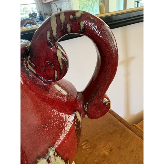 Mid 20th Century Vintage Red & Cream Studio Pottery Double Handled Vessel For Sale - Image 5 of 11