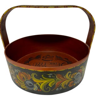 Contemporary Folk Art Style Hand Painted Wood Basket For Sale