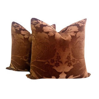 Brown Floral European Mohair Velvet Pillows - a Pair For Sale