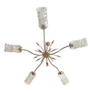 Mid-Century Modern French Atomic Chandelier with Red Acrylic Glass Accents and Textured Glass Shades, 1960s For Sale