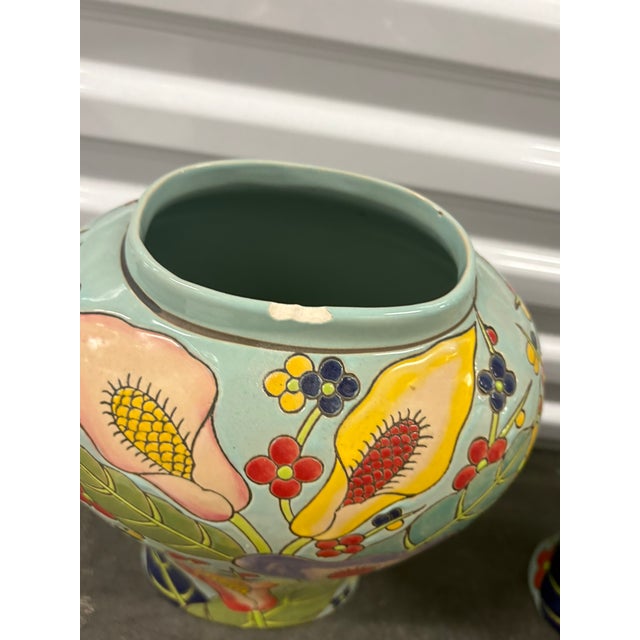 Contemporary Hand Painted Floral Colorful Ceramic Ginger Jars With Lids - A Pair For Sale - Image 3 of 8