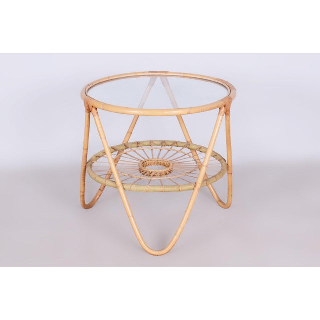 Small Mid-Century Table in Rattan and Glass attributed to Alan Fuchs for Uluv, Former Czechoslovakia, 1940s For Sale - Image 9 of 9