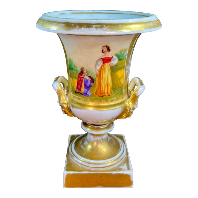 Antique Old Paris Porcelain Hand Painted Urn Vase For Sale