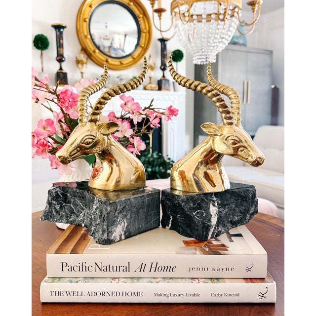 1970s Hollywood Regency Brass Gazelle / Antelope Head Bookends on Raw Edge Marble Bases - A Pair For Sale - Image 11 of 12