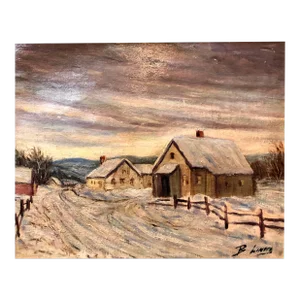 Bronislaw Linke, Polish Modernist Village landscape in the Snow Oil Painting