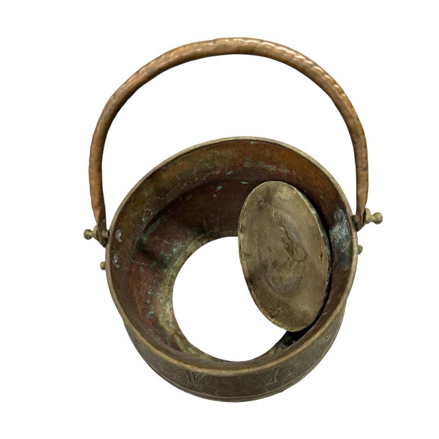 Metal Antique Handmade Inlaid Copper and Brass Container With Handle For Sale - Image 7 of 7