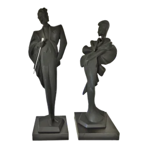 Pair 1990 Alexsander Danel Austin Productions Art Deco Black Matte Man & Woman Sculptures