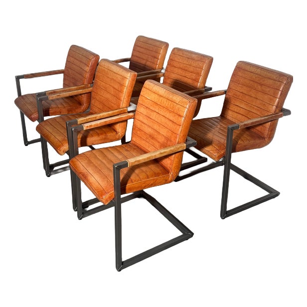 Vintage Cognac Leather Cantilever Armchairs, Set of 6 For Sale