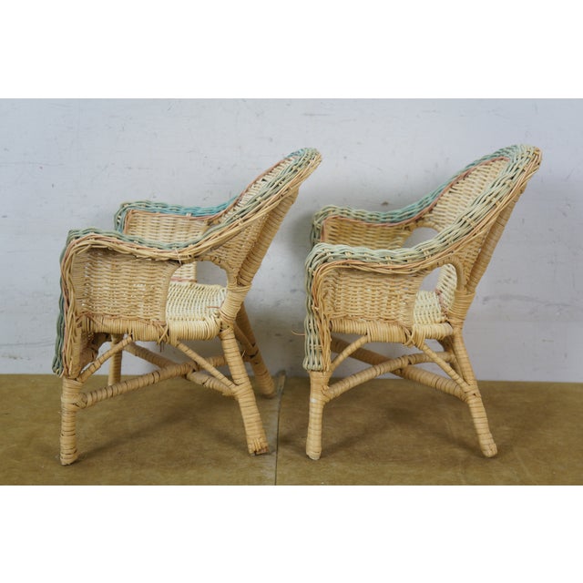 2 Vintage Wicker Doll Sized Salesman Sample Wicker Rattan Arm Chairs 12" For Sale - Image 11 of 14