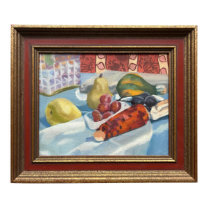 Vintage Original Primitive Still Life of Fruit in Vintage Frame