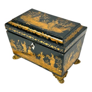 19th Century England Regency Chinoiserie Black Lacquer Tea Caddy For Sale