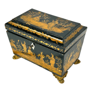 19th Century England Regency Chinoiserie Black Lacquer Tea Caddy