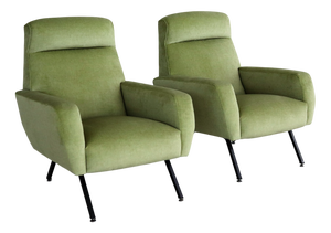 Mid-Century Italian Armchairs in Green Velvet, 1960s, Set of 2