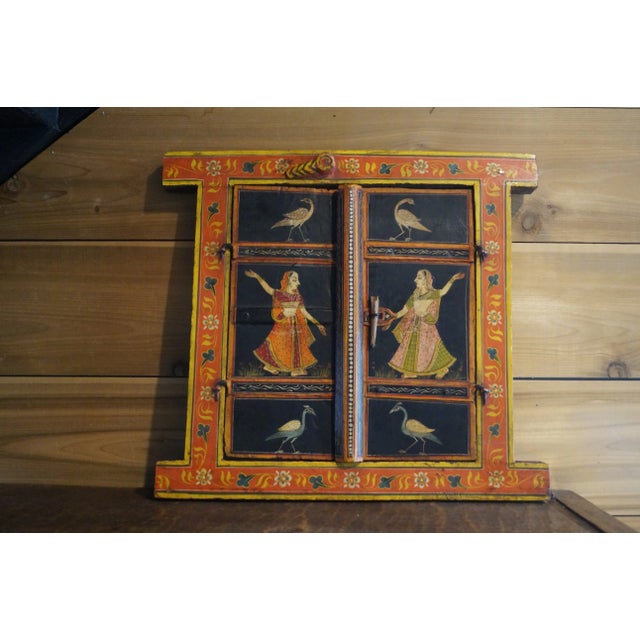 Wood 1960s Hand Painted Gopis Indian Window Wall Hanging For Sale - Image 7 of 7