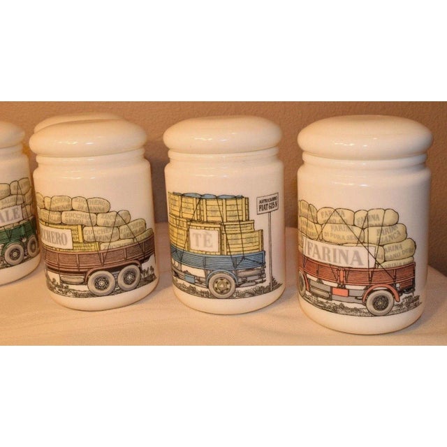 Piero Fornasetti Opaque White Glass Jars and Covers made for Fiat - Set of 6 For Sale - Image 9 of 13