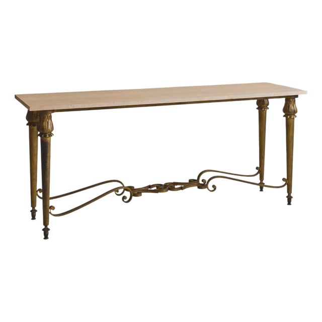 Early 20th Century French Bronze + Travertine Console From A Historic Parisian Hotel For Sale
