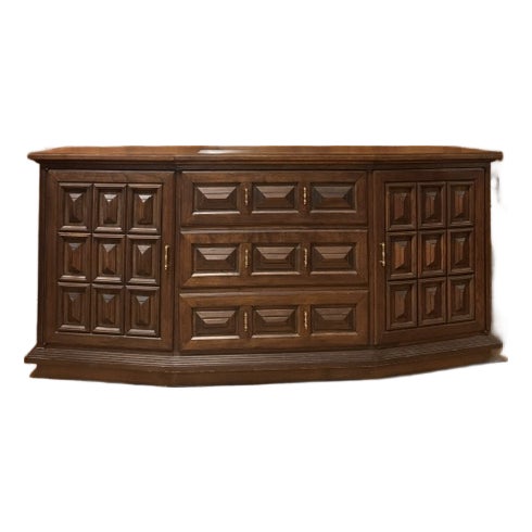 1960s American MCM Walnut Spanish Style Buffet With Pillow Tufted Facade For Sale