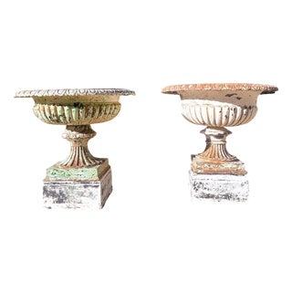 Large Cast Iron Garden Vases on Bases, 19th Century, Set of 2 For Sale