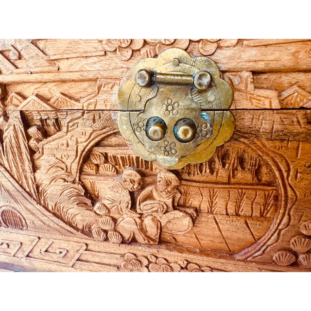 Mid 20th Century Vintage Chinese Hand Carved Hardwood Jewelry Box Scenic Relief Brass Lock For Sale - Image 5 of 13