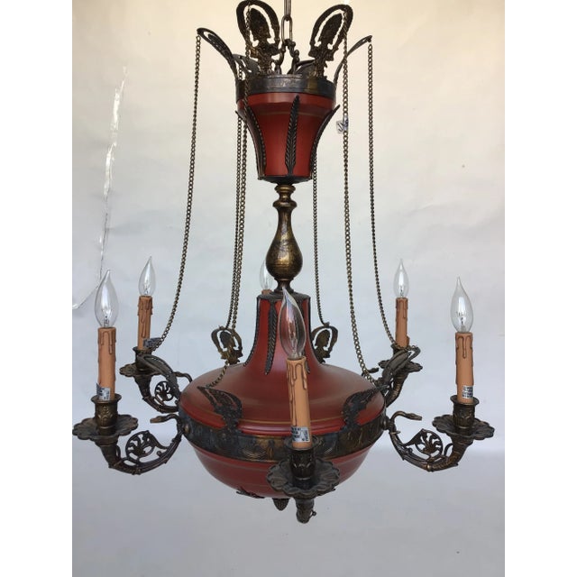 1990s 1990s Italian Six Light Brass Chandelier With Red Tole Finish For Sale - Image 5 of 13